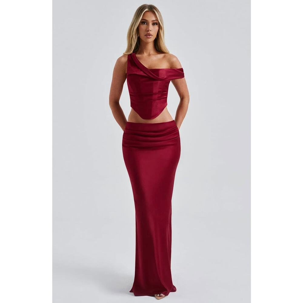 NWT Babyboo Audra Satin Corset and Top Bernadette Ruched Maxi Skirt Set Burgundy